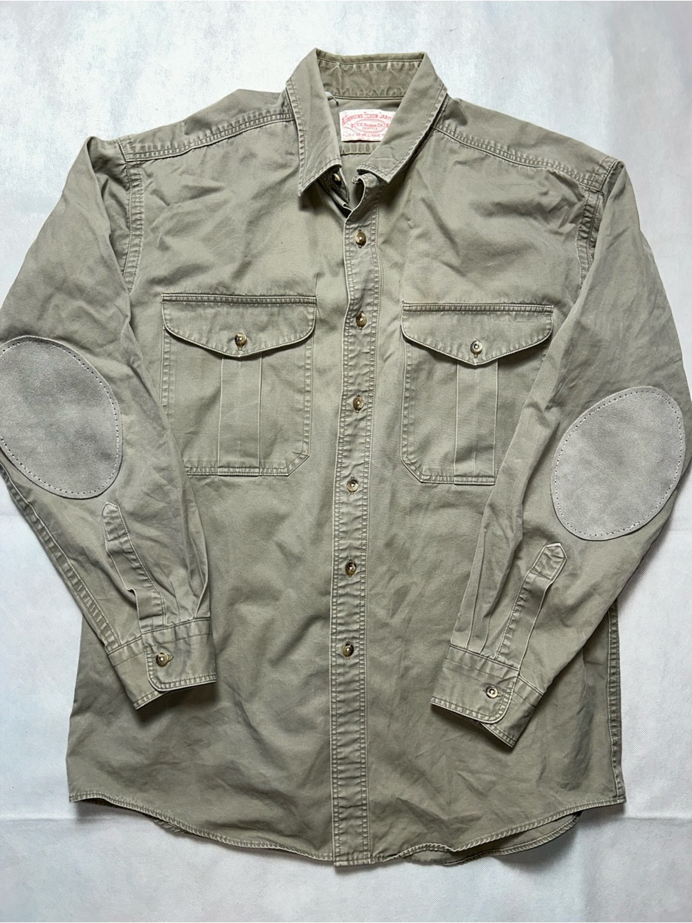 C C Filson grey thick cotton suede patch elbow button up shirt size large